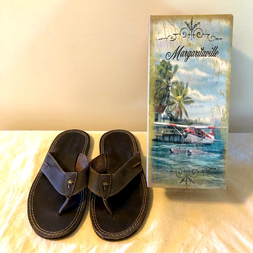 MARGARITAVILLE Mahalo Brown Leather Flip Flops Sandals Mens Size 10